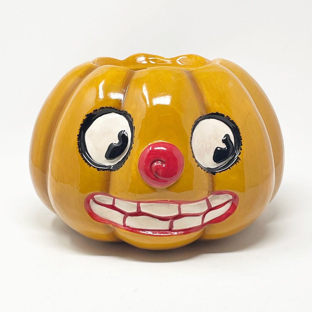 Victorian Trading Co Pumpkin Bowl Large Orange Excellent Vintage Clown Face 6.5"